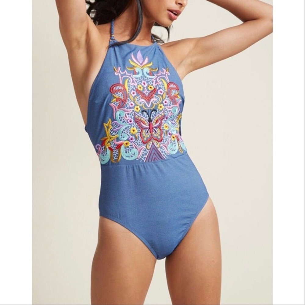 Nanette Lepore Denim Blue Dazed Seductress Embroidered One-piece Bathing Suit